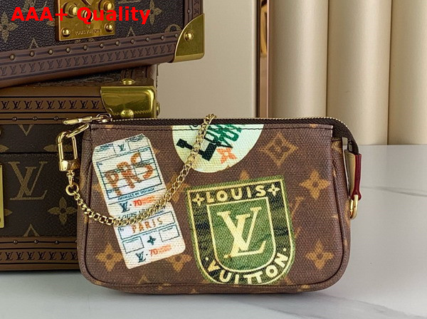 Louis Vuitton Mini Pochette Accessoires in Monogram Coated Canvas Decorated with Vintage Travel Stickers Replica