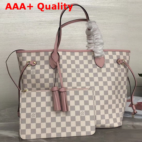 Louis Vuitton Neverfull MM Damier Azur Canvas and Pink Natural Cowhide Leather Trim Replica