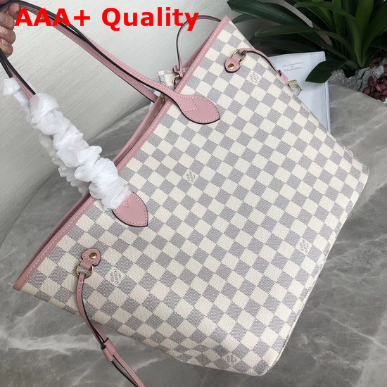 Louis Vuitton Neverfull MM Damier Azur Canvas and Pink Natural Cowhide Leather Trim Replica