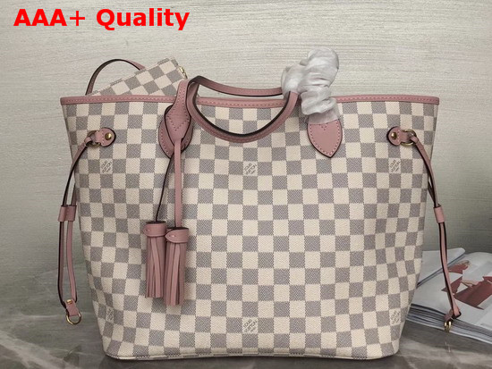 Louis Vuitton Neverfull MM Damier Azur Canvas and Pink Natural Cowhide Leather Trim Replica