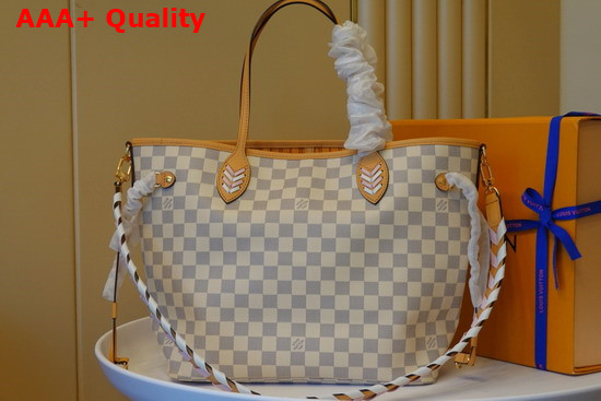 Louis Vuitton Neverfull MM Damier Azur Canvas with a Shoulder Strap in Two Color Braided Leather N50047 Replica