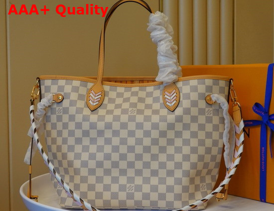 Louis Vuitton Neverfull MM Damier Azur Canvas with a Shoulder Strap in Two Color Braided Leather N50047 Replica