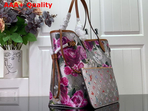 Louis Vuitton Neverfull MM Tote Bag Metallic Silver Canvas Decorated with a Gorgeous All Over Flower Pattern M21352 Replica