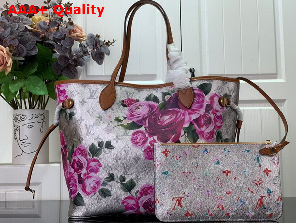 Louis Vuitton Neverfull MM Tote Bag Metallic Silver Canvas Decorated with a Gorgeous All Over Flower Pattern M21352 Replica