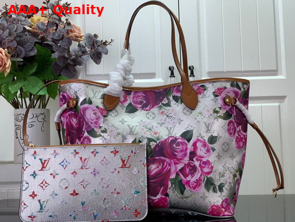 Louis Vuitton Neverfull MM Tote Bag Metallic Silver Canvas Decorated with a Gorgeous All Over Flower Pattern M21352 Replica