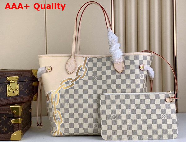 Louis Vuitton Neverfull MM Tote Bag in Damier Azur Coated Canvas with Nautical Print of Ropes and Chains N40471 Replica