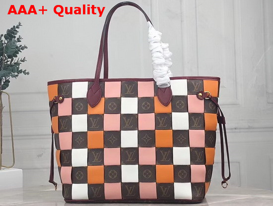 Louis Vuitton Neverfull MM Tote in Monogram Canvas Interwoven with Stripes of Smooth Colored Leather Replica