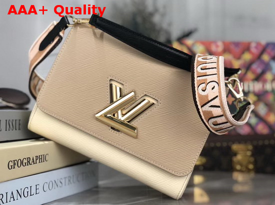 Louis Vuitton New Twist MM Handbag in Beige Epi Leather with Wide Embroidered Shoulder Strap Replica