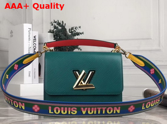 Louis Vuitton New Twist MM Handbag in Green and Blue Epi Leather with Wide Printed Shoulder Strap Replica