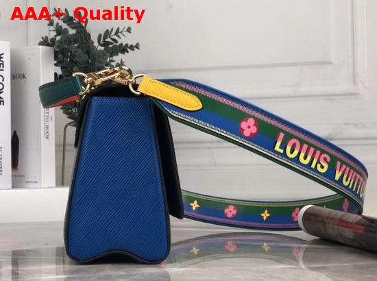 Louis Vuitton New Twist MM Handbag in Green and Blue Epi Leather with Wide Printed Shoulder Strap Replica