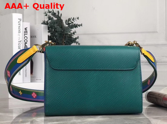 Louis Vuitton New Twist MM Handbag in Green and Blue Epi Leather with Wide Printed Shoulder Strap Replica