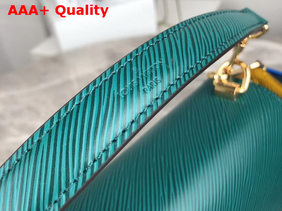 Louis Vuitton New Twist MM Handbag in Green and Blue Epi Leather with Wide Printed Shoulder Strap Replica