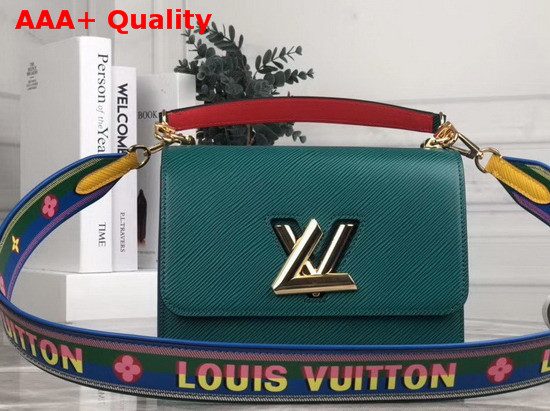 Louis Vuitton New Twist MM Handbag in Green and Blue Epi Leather with Wide Printed Shoulder Strap Replica