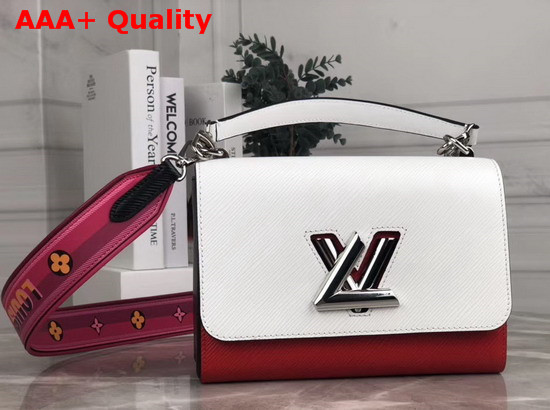 Louis Vuitton New Twist MM Handbag in White Red and Black Epi Leather with Wide Printed Shoulder Strap Replica