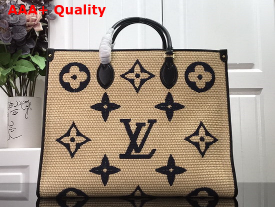 Louis Vuitton OnTheGo MM Tote Bag Monogram Raffia with Blue Leather Handles M57723 Replica