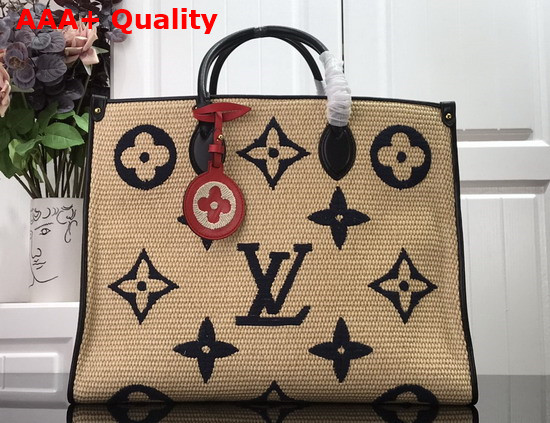 Louis Vuitton OnTheGo MM Tote Bag Monogram Raffia with Blue Leather Handles M57723 Replica