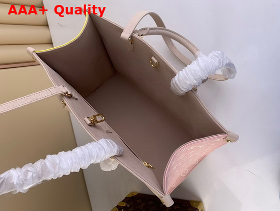 Louis Vuitton Onthego MM Tote Bag Beige Pink Yellow Printed and Embossed Grained Cowhide Leather M46128 Replica