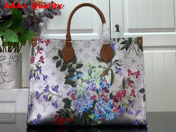 Louis Vuitton Onthego MM Tote Metallic Silver Coated Canvas and a Subtle Monogram Motif in the Background M21233 Replica