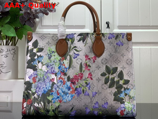 Louis Vuitton Onthego MM Tote Metallic Silver Coated Canvas and a Subtle Monogram Motif in the Background M21233 Replica