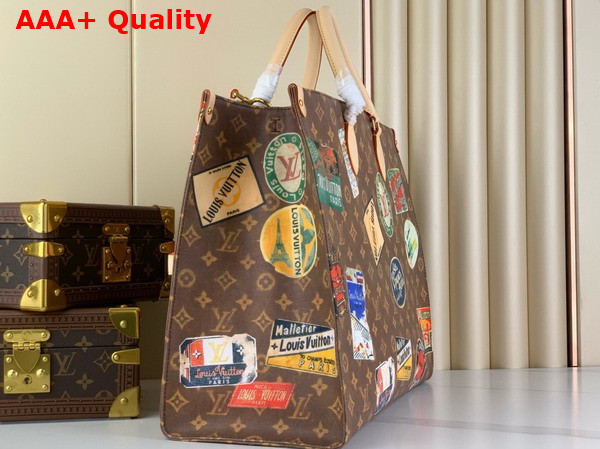 Louis Vuitton Onthego Voyage Tote in Monogram Coated Canvas Embellished with a Patchwork of Vintage Hotel Labels M47147 Replica