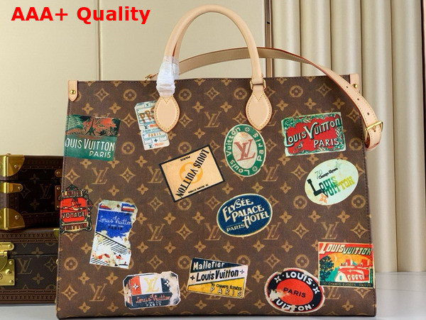 Louis Vuitton Onthego Voyage Tote in Monogram Coated Canvas Embellished with a Patchwork of Vintage Hotel Labels M47147 Replica