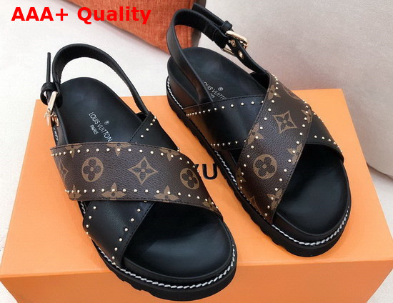 Louis Vuitton Paseo Flat Comfort Sandal Black Calf Leather and Patent Monogram Canvas 1A8O20 Replica