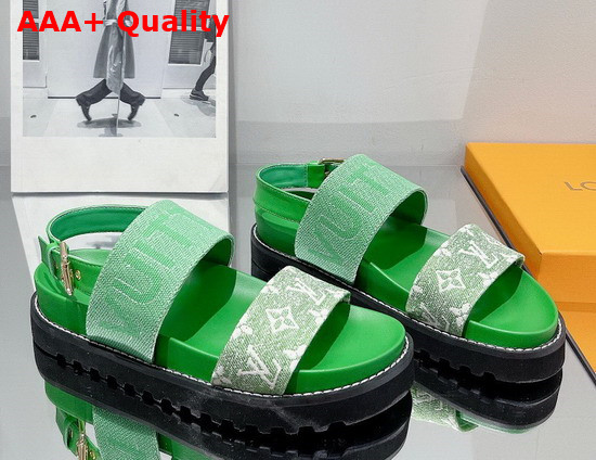 Louis Vuitton Paseo Flat Comfort Sandal Green Monogram Denim and Calf Leather 1A9RMV Replica