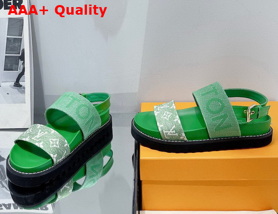 Louis Vuitton Paseo Flat Comfort Sandal Green Monogram Denim and Calf Leather 1A9RMV Replica