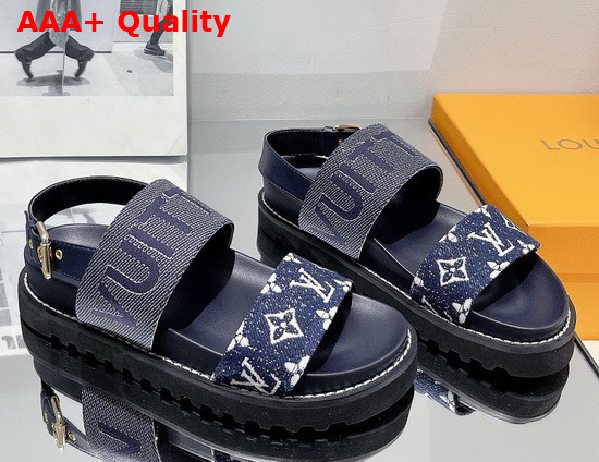 Louis Vuitton Paseo Flat Comfort Sandal Navy Blue Monogram Denim and Calf Leather 1A9RMV Replica