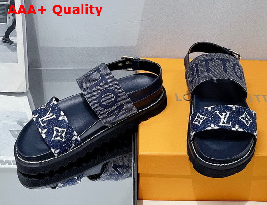 Louis Vuitton Paseo Flat Comfort Sandal Navy Blue Monogram Denim and Calf Leather 1A9RMV Replica