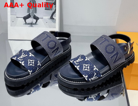 Louis Vuitton Paseo Flat Comfort Sandal Navy Blue Monogram Denim and Calf Leather 1A9RMV Replica