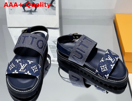 Louis Vuitton Paseo Flat Comfort Sandal Navy Blue Monogram Denim and Calf Leather 1A9RMV Replica