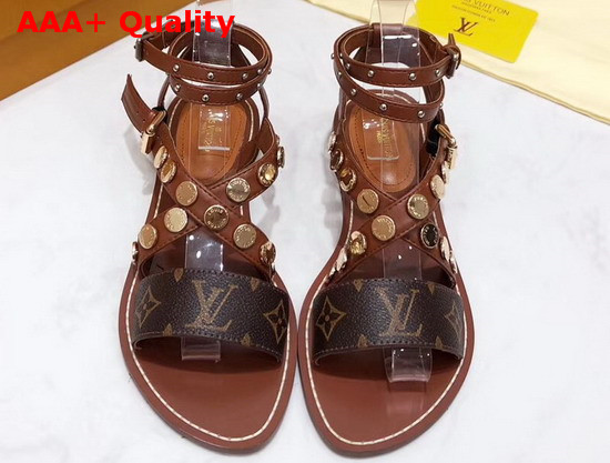 Louis Vuitton Passenger Cross Sandal Brown Calf Leather and Patent Monogram Canvas Replica