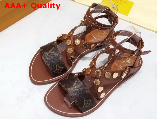 Louis Vuitton Passenger Cross Sandal Brown Calf Leather and Patent Monogram Canvas Replica