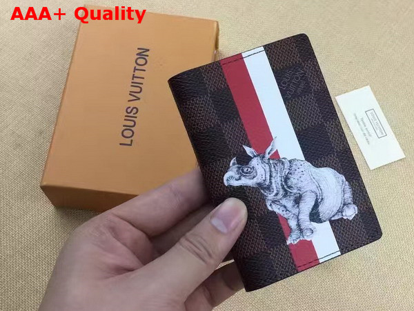 Louis Vuitton Pocket Organizer Damier Ebene Canvas with Rhinoceros Illustration N63349 Replica