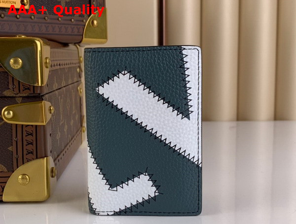 Louis Vuitton Pocket Organizer Gray Blue Grained Taurillon Leather with White Leather LV Initials Zigzag Stitched onto the Front M81470 Replica