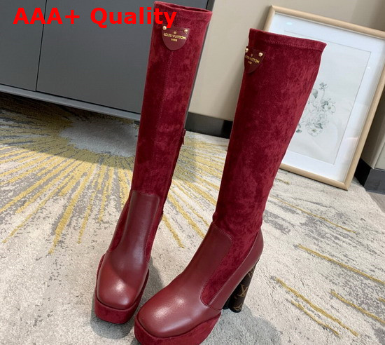 Louis Vuitton Podium Platform High Boot in Dark Red Suede Baby Goat Leather and Monogram Canvas Replica