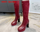 Louis Vuitton Podium Platform High Boot in Dark Red Suede Baby Goat Leather and Monogram Canvas Replica