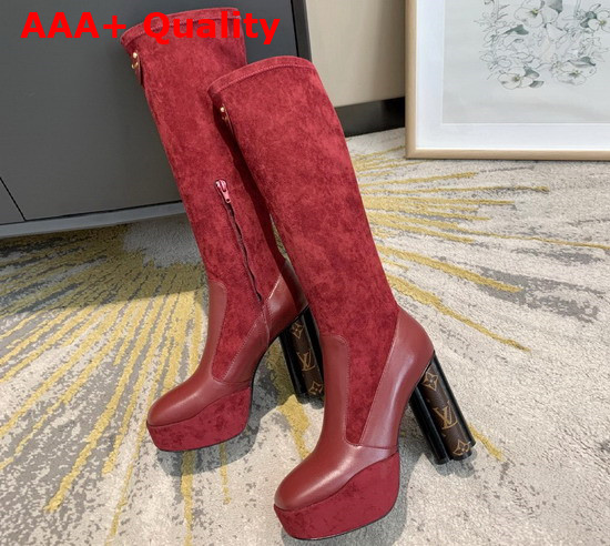 Louis Vuitton Podium Platform High Boot in Dark Red Suede Baby Goat Leather and Monogram Canvas Replica