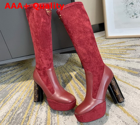 Louis Vuitton Podium Platform High Boot in Dark Red Suede Baby Goat Leather and Monogram Canvas Replica