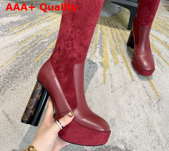 Louis Vuitton Podium Platform High Boot in Dark Red Suede Baby Goat Leather and Monogram Canvas Replica