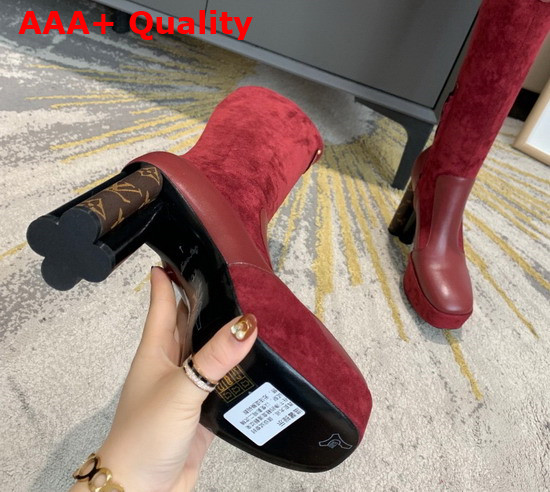 Louis Vuitton Podium Platform High Boot in Dark Red Suede Baby Goat Leather and Monogram Canvas Replica