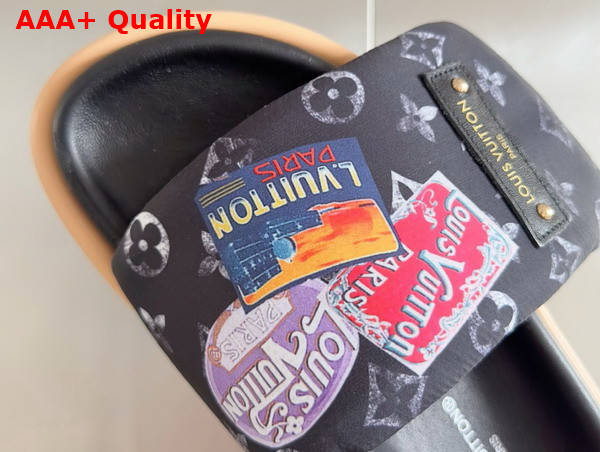 Louis Vuitton Pool Pillow Comfort Mule in Black Nylon Printed with a Vintage Look Monogram Pattern and Colorful Travel Labels Replica