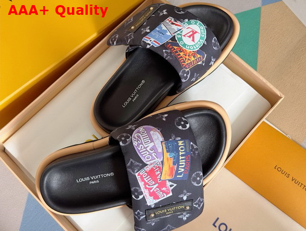 Louis Vuitton Pool Pillow Comfort Mule in Black Nylon Printed with a Vintage Look Monogram Pattern and Colorful Travel Labels Replica