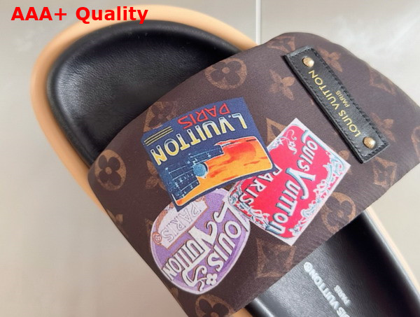 Louis Vuitton Pool Pillow Comfort Mule in Cacao Brown Nylon Printed with a Vintage Look Monogram Pattern and Colorful Travel Labels 1ACTDU Replica