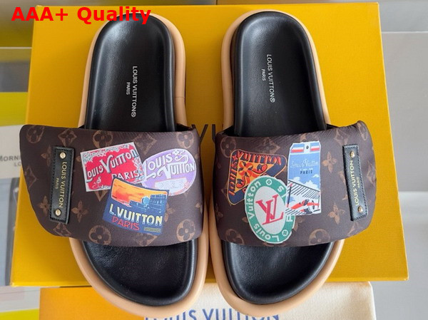 Louis Vuitton Pool Pillow Comfort Mule in Cacao Brown Nylon Printed with a Vintage Look Monogram Pattern and Colorful Travel Labels 1ACTDU Replica