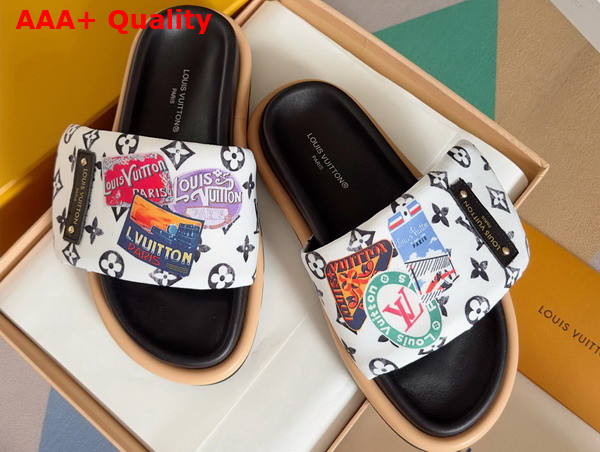 Louis Vuitton Pool Pillow Comfort Mule in White Nylon Printed with a Vintage Look Monogram Pattern and Colorful Travel Labels Replica