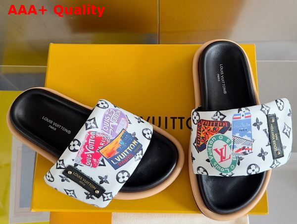 Louis Vuitton Pool Pillow Comfort Mule in White Nylon Printed with a Vintage Look Monogram Pattern and Colorful Travel Labels Replica