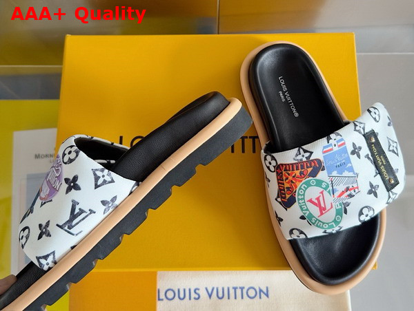 Louis Vuitton Pool Pillow Comfort Mule in White Nylon Printed with a Vintage Look Monogram Pattern and Colorful Travel Labels Replica