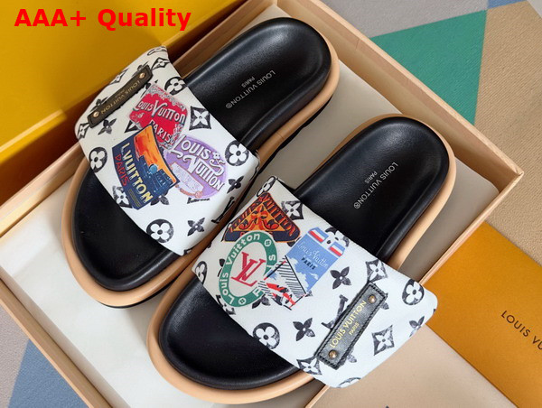 Louis Vuitton Pool Pillow Comfort Mule in White Nylon Printed with a Vintage Look Monogram Pattern and Colorful Travel Labels Replica